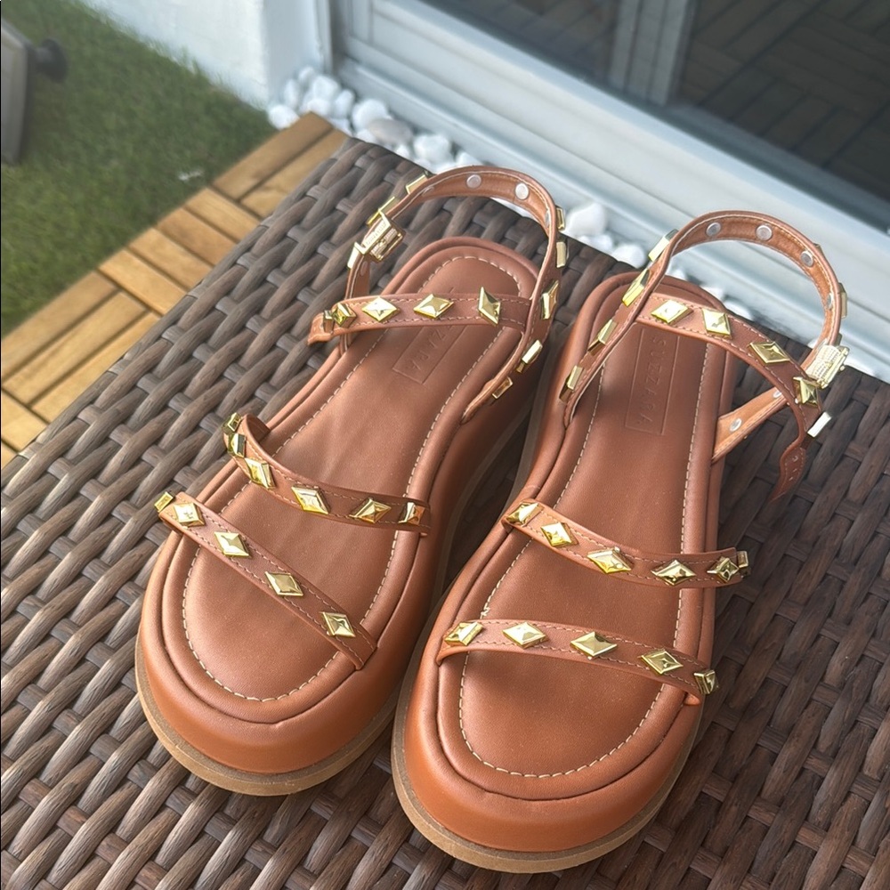 Women's Tan Sandals with Gold Accents